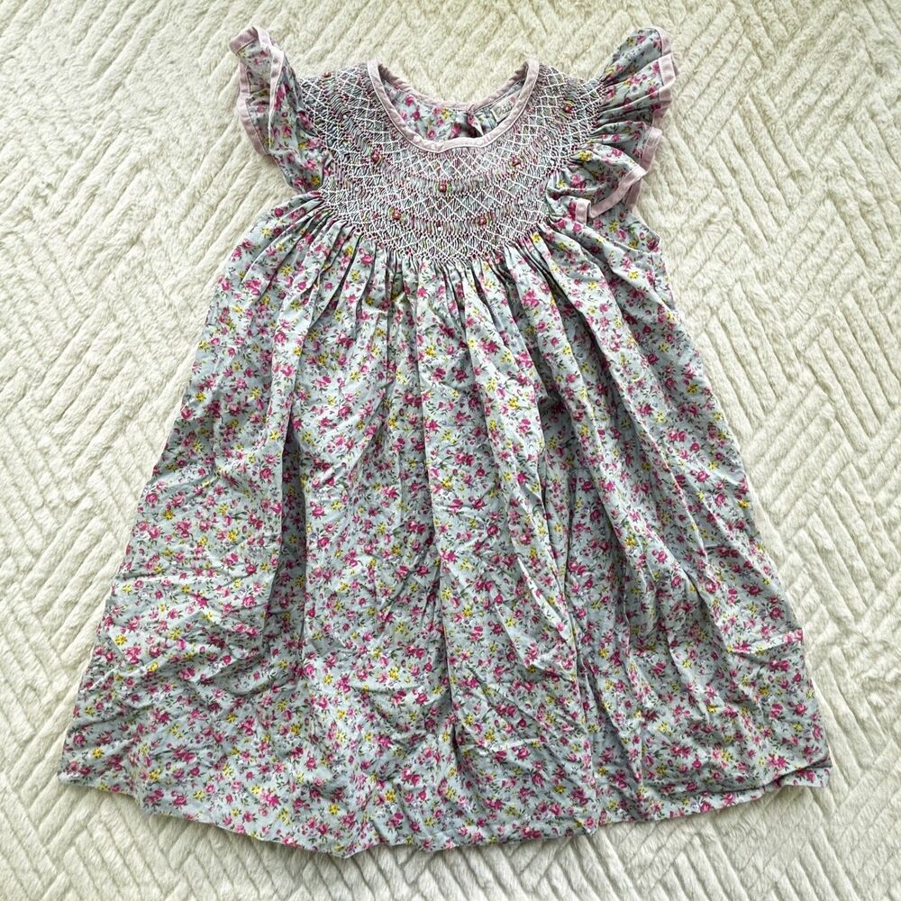 Petit Ami Girls 4T Floral Smocked Dress Blue Pink Flutter Sleeve Cotton Boutique